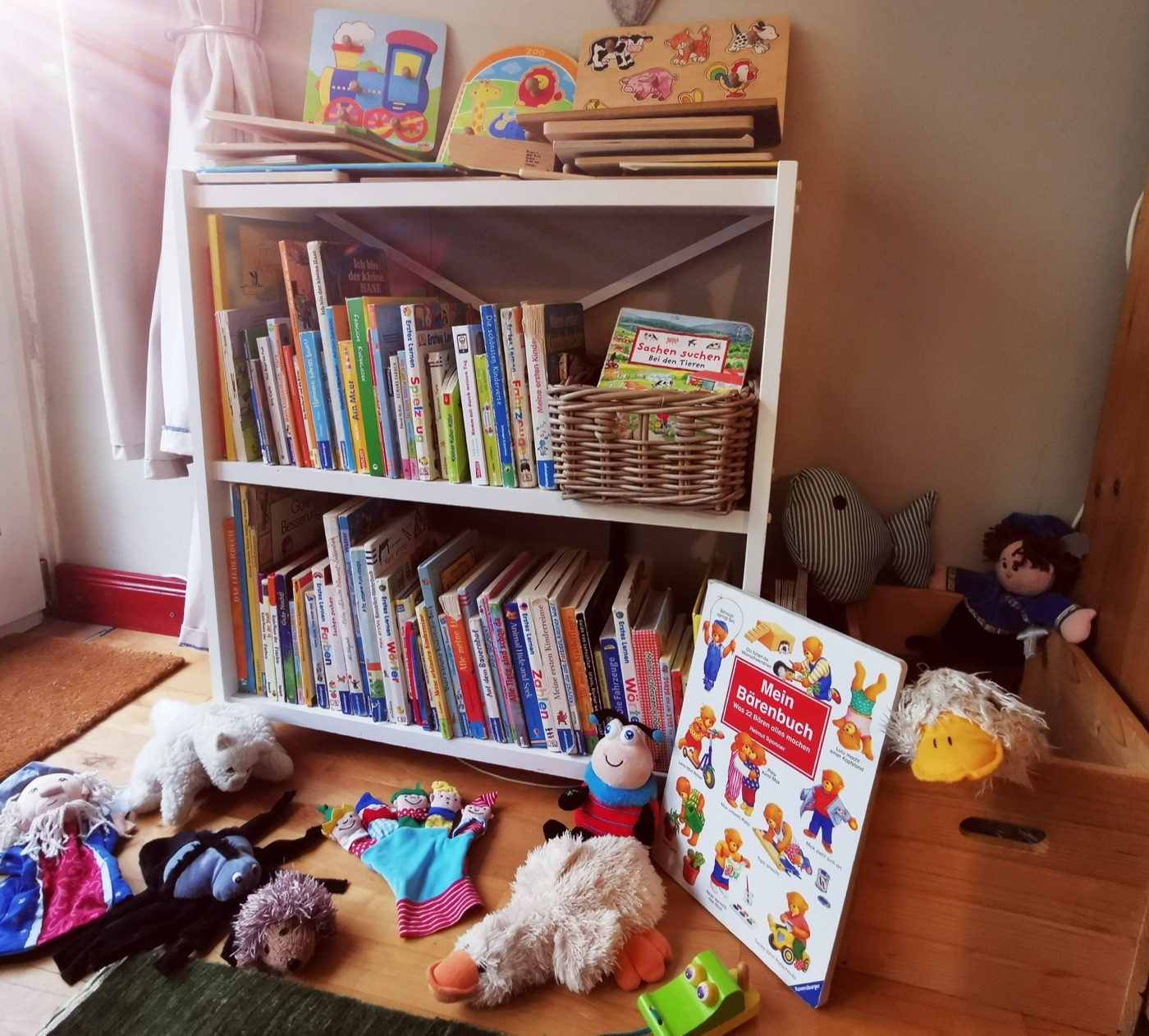 Bücherregal mit Stofftieren